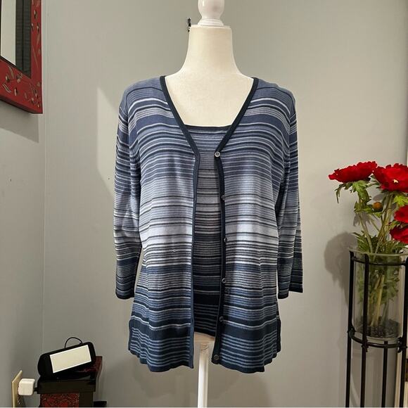 NEW Finity Naturals Silk Striped Multi Tri-Tone Sweater Cardigan Cami Twinset L - Picture 1 of 16
